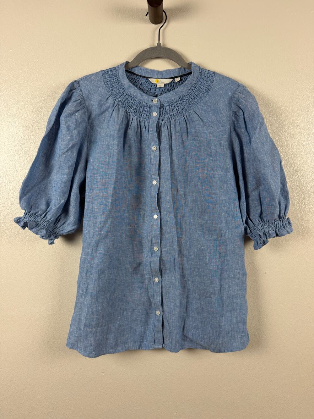 Boden 100% Linen Smocked Button Front Blouse Blue Women's US 14 UK 18